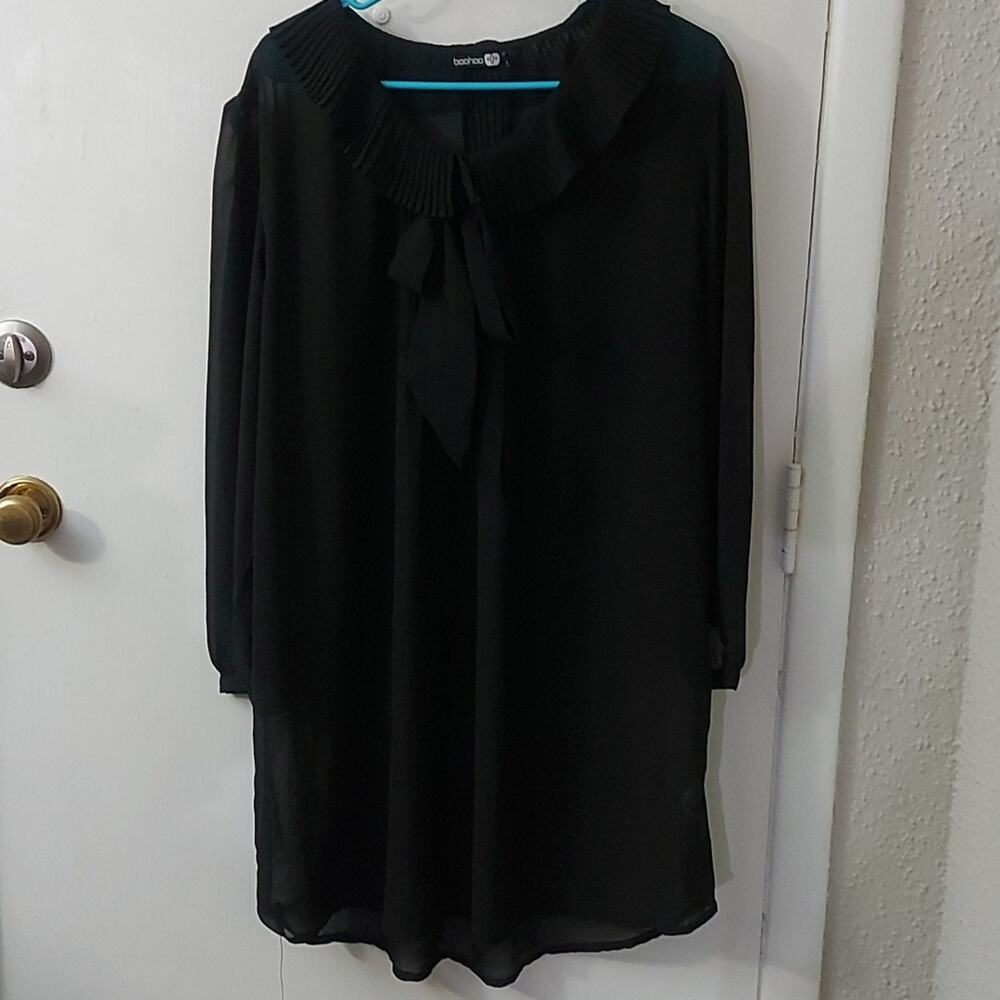 BooHoo Black Bow Sheer Dress Poet Shirt 12 Classic Coquette Girl Minimalist